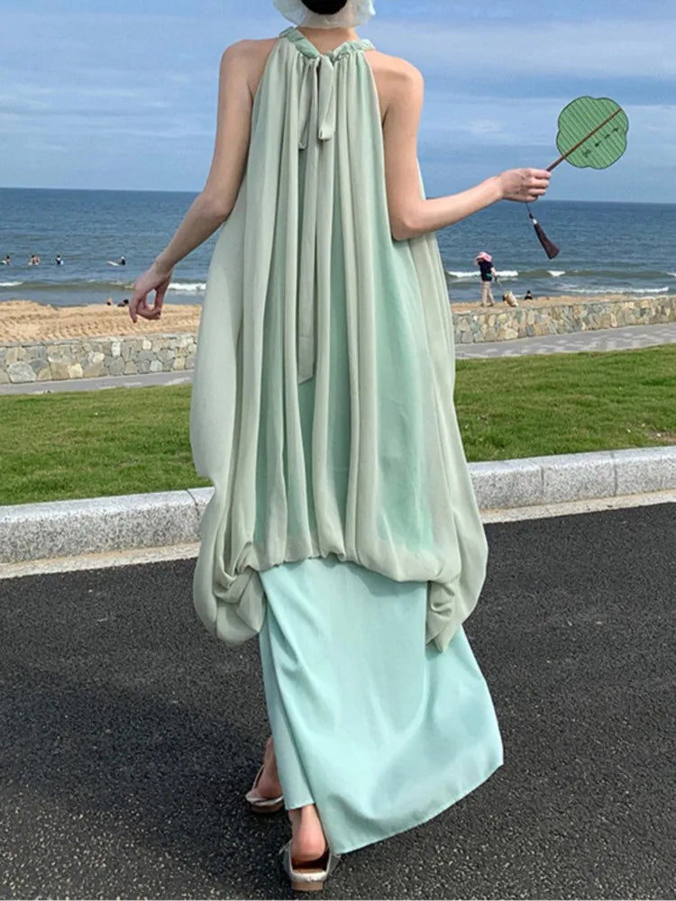 Sleeveless Summer Midi Dress Halter Loose Party Beach Holiday Vestidos Female Clothes New Robe