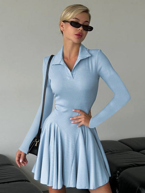 Long Sleeve Pleated Knit Mini Dress for Robe Autumn Winter New Lapel High Waist Knitted Sweater Dress