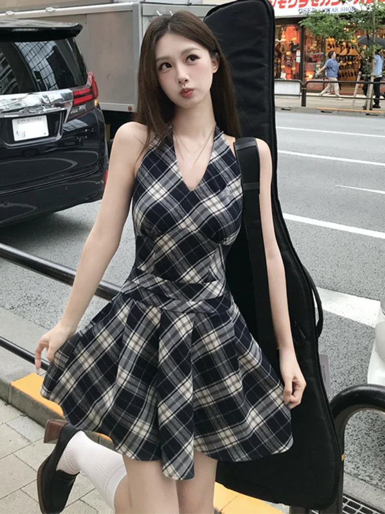 Y2k Mini Dress Plaid Bow Sleeveless Vest Dress French High Waist Style Dress Summer