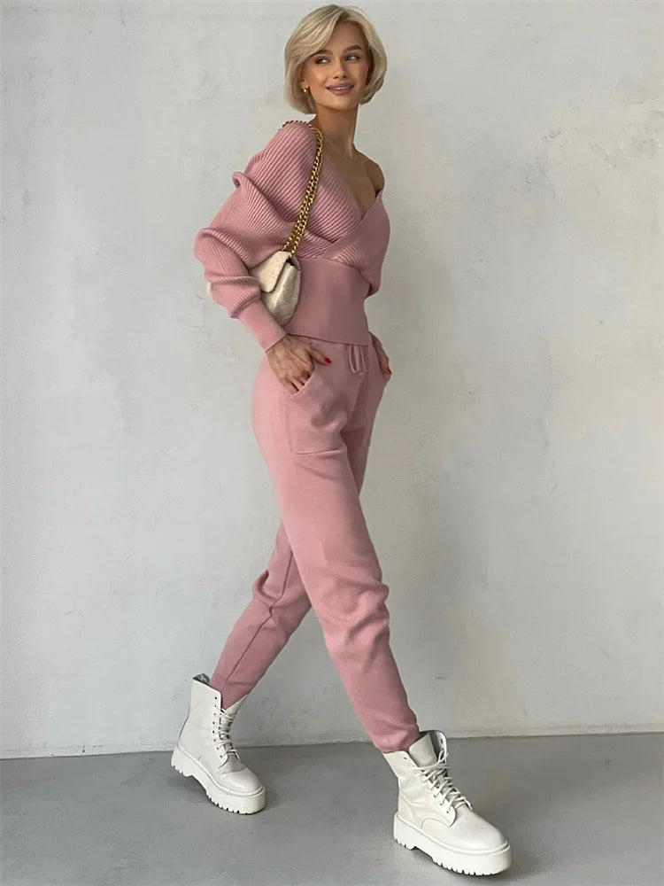 Knit Vneck Pullover 2 Pieceset for Patchwork Sweater and High Waist Drawstring Pants Sets Outfits
