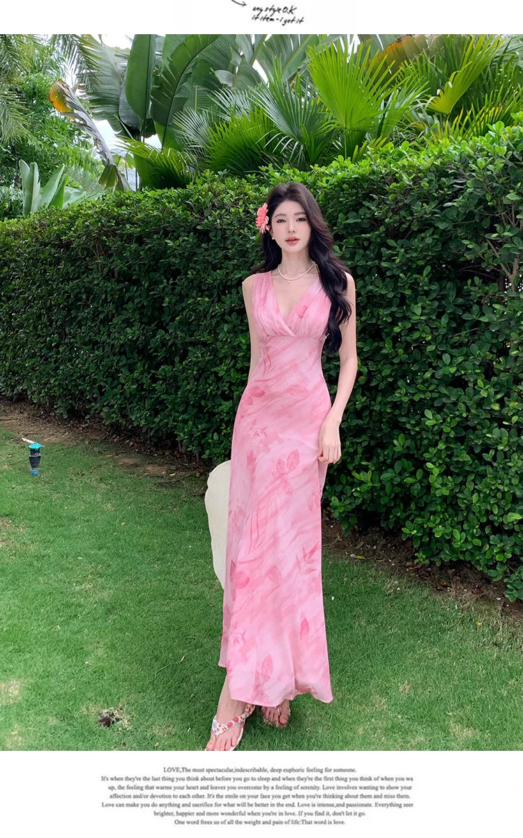 Print Long Dresses Vneck Sleeveless Bodycon Evening Party Dress New Slim Waist Vestidos Mujer New Robe