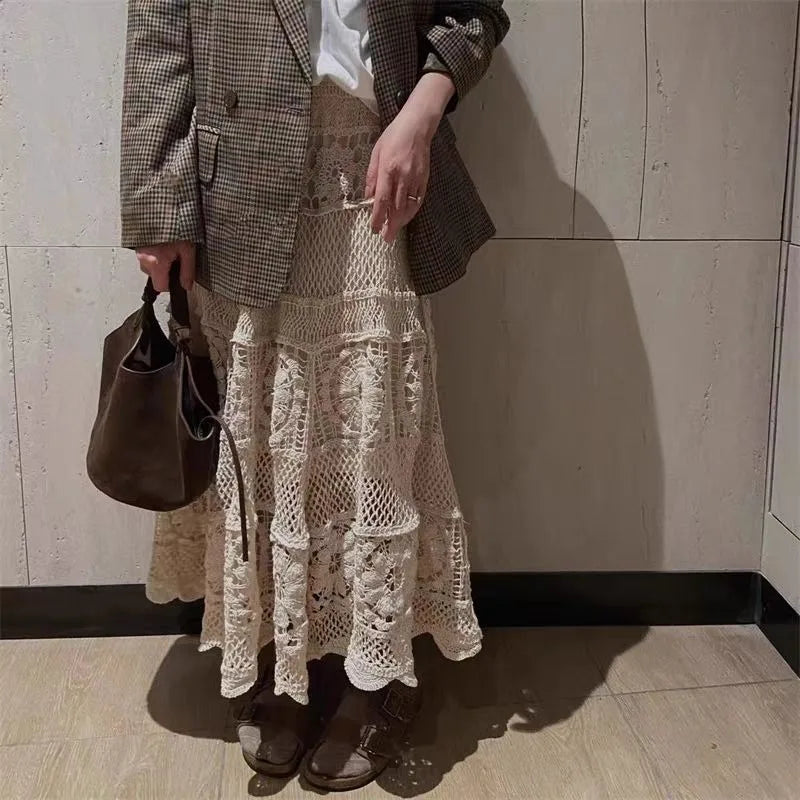 Korean Skirts Gentle Heavy Industry French Hollow Out Hook Flower Design Knit Skirt Aline Skirt