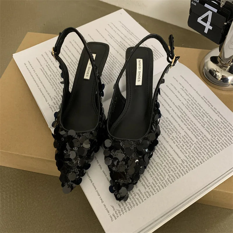 Low Sandals Woman Leather Shoes Closed Toe Bling Bling Suit Female Beige Summer Heels Lowheeled Silver Retro Bright Black