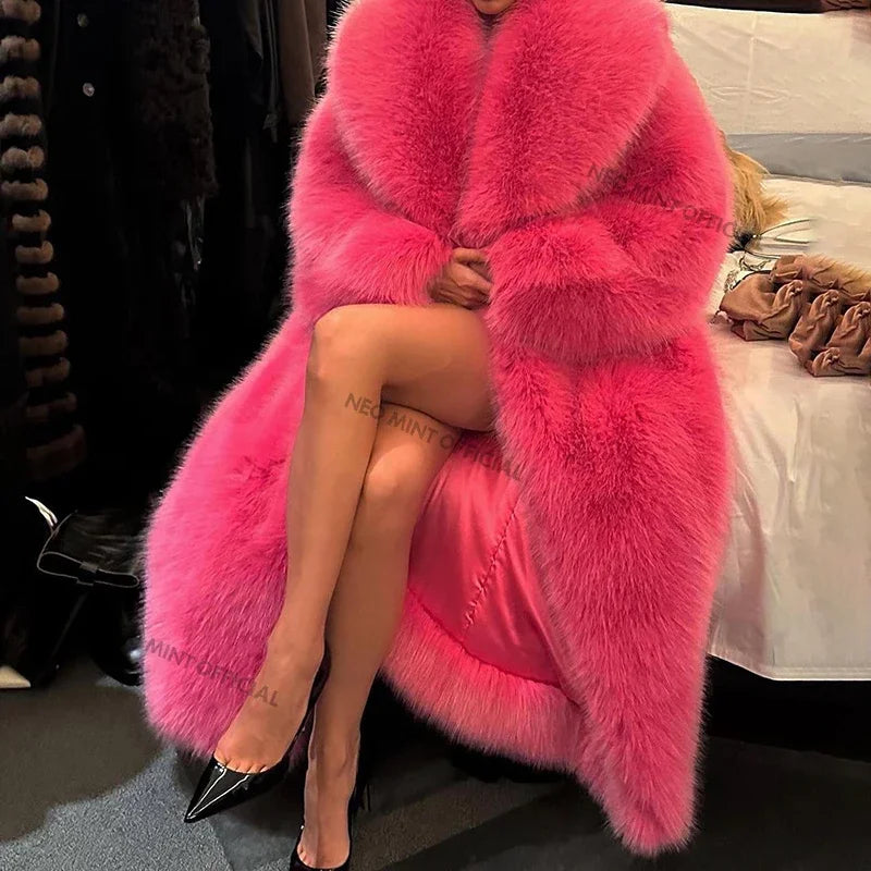 Brand Runway Long Hooded Faux Fur Coat Jacket Ins Nicki Minaj Neon Green Chunky Overcoat Outerwear