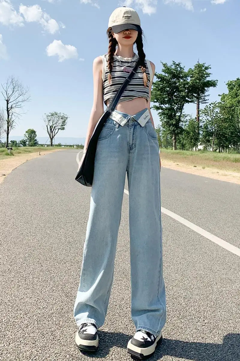 Rugged Waist Design and Feeling Denim New Loose High Waisted Slim Denim Straight Leg Pants Floor Mop Pants