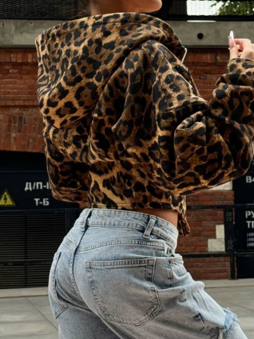 Autumn New Zip Up Hooded ��s Sweats Long Sleeve Binding Waist Leopard Hoodies Gyaru Baddie Y2k
