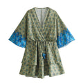 Summer Woman Print Vneck Mini Dress Short Sleeve Lace Up Dresses Female Slim Flounce Dress