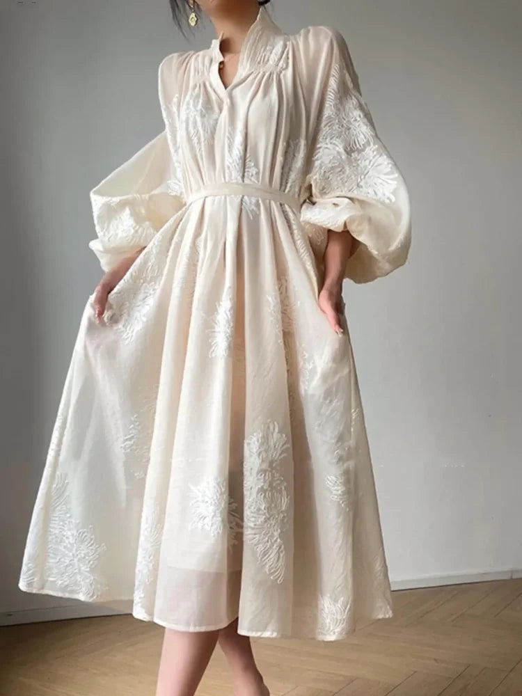 France Lantern Sleeve Embroidery Midi Dress for Spring Autumn New V Neck Lace Up Vestidos Korean Clothes