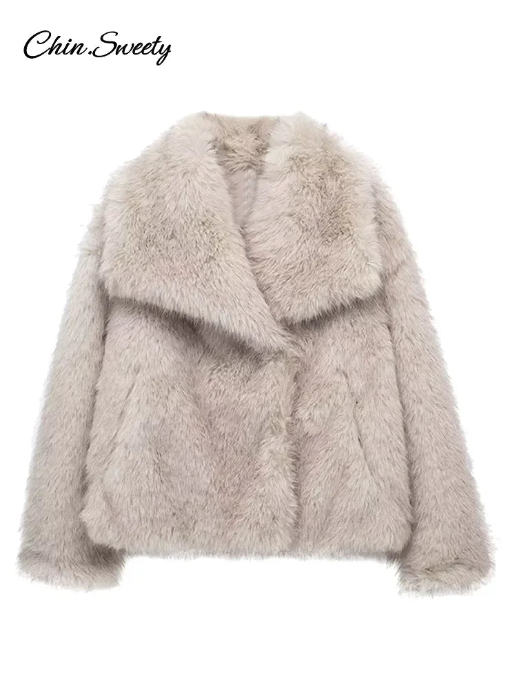 Winter Gradient Faux Fur Coat Big Fur Collar Pockets Loose Jacket Female Lady High Street Overcoats