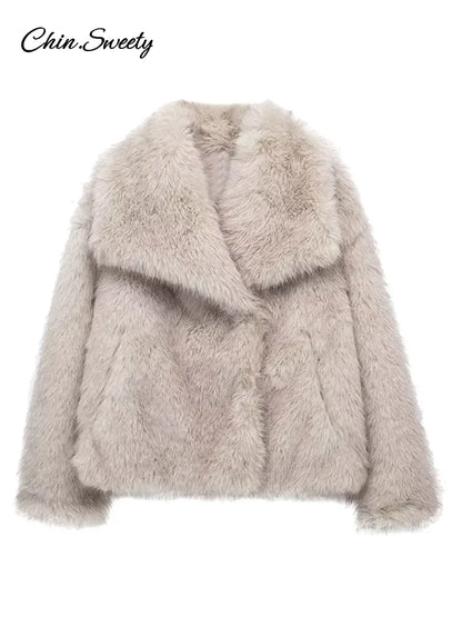 Winter Gradient Faux Fur Coat Big Fur Collar Pockets Loose Jacket Female Lady High Street Overcoats