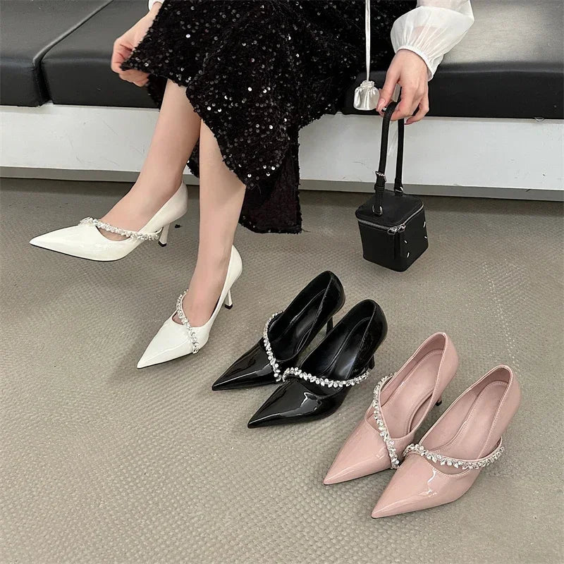 Rhinestone Chain Thin High Heels Pointed Toe Pumps Office Shoes Female Dress Shoes Zapatos De Mujer