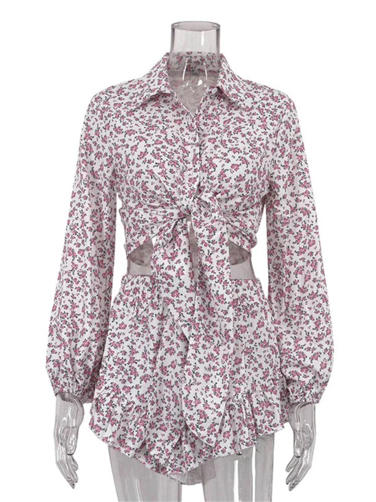 Printed Lace-up 2 Piece-set Shorts Outfits Female Lapel Contrast Patchwork Top Cardigan and High Waist ’s Shorts Sets