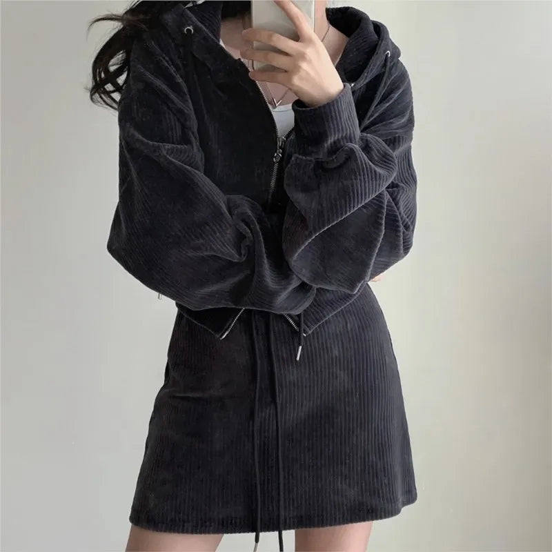 Korean Corduroy Two-piece Skirt Sets Hoodie Crop Top Coats Bodycon Mini Skirt Autumn Winter New Outfits Suit