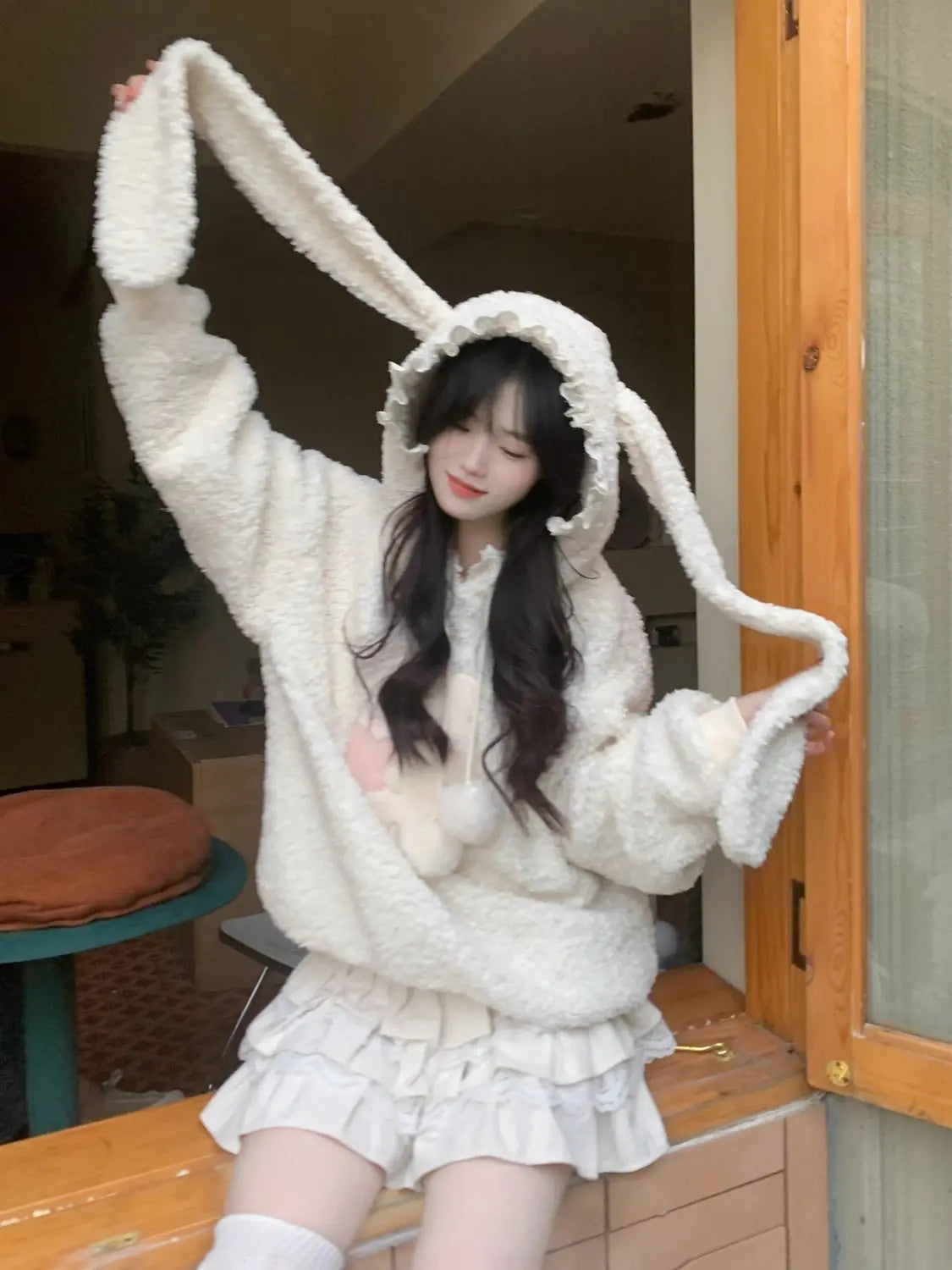 Rabbit Long Ears Hooded Lamb Wool Sweater Coat Winter Plush Padded Thickened Sweet Loose Hoodies Tops Female