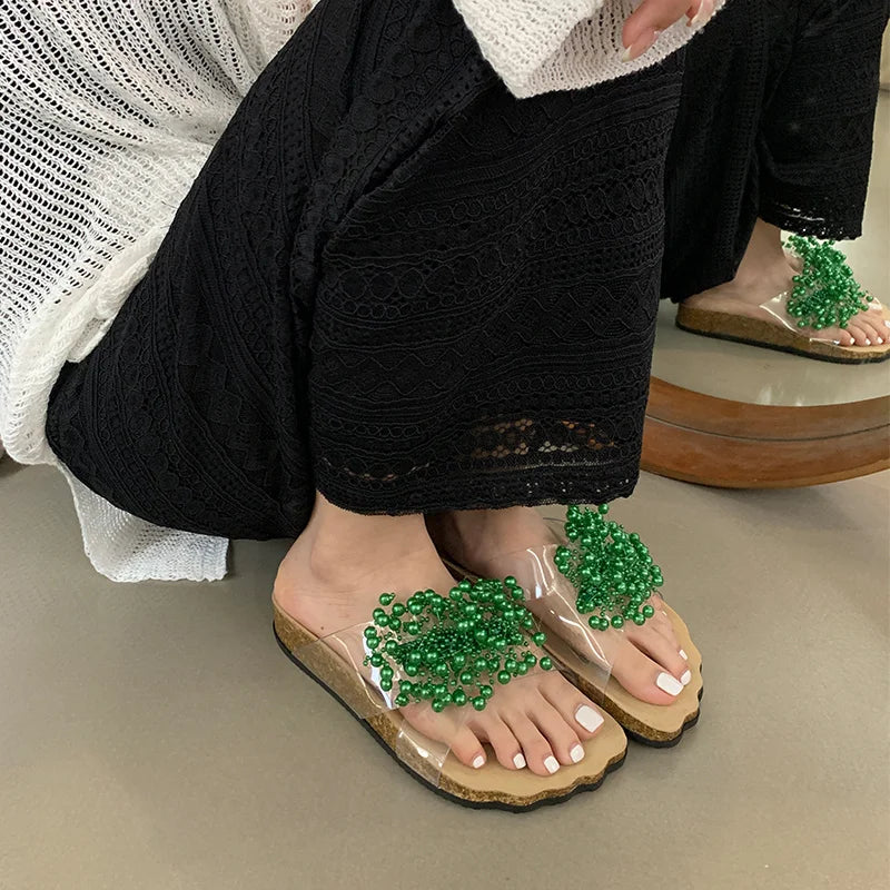 New Green Pearl Designer Slides Transparent Slippers Cozy Wide Open Toe Low Heels Beach Shoes Gladiator Sandals