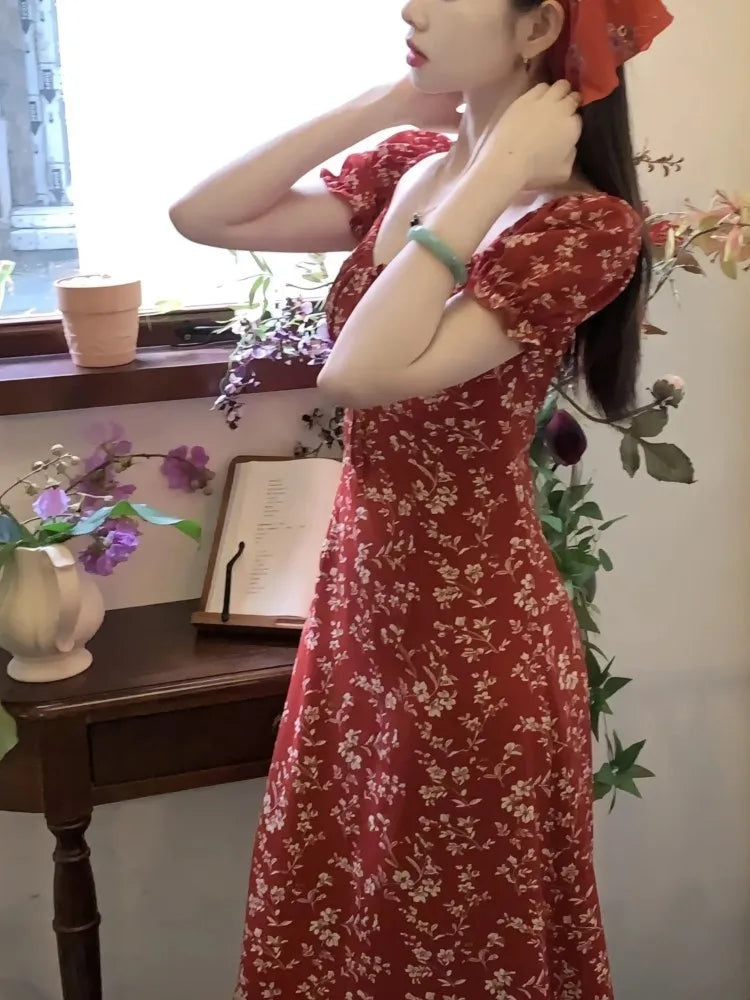 Summer New Printed Midi Dresses for Square Collar Puff Sleeve French Korean One Piece Vestido Mujer