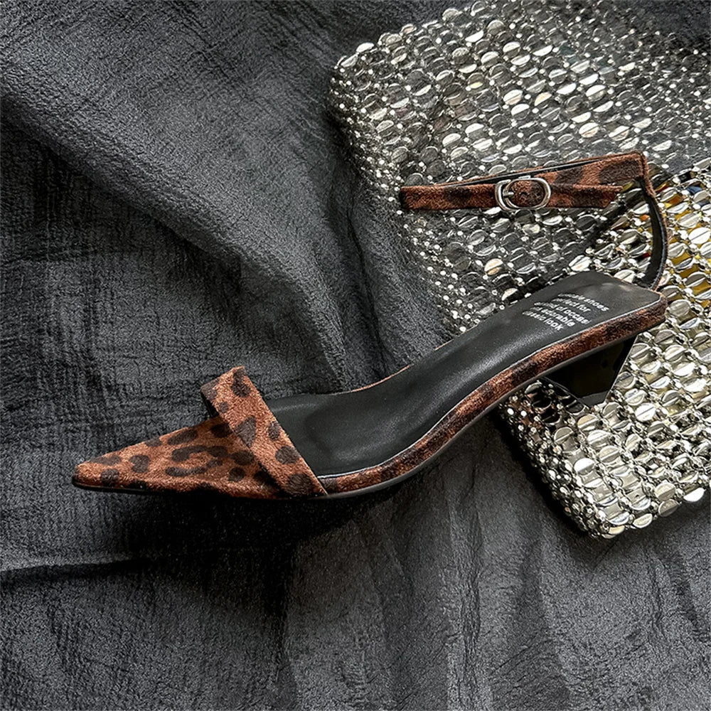 Leopard Sandals Leather Kitten High Heels Pointed Toe Party Wedding Shoes Woman Buckles Prom Summer Pumps