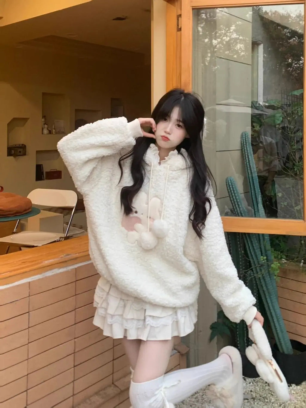 Rabbit Long Ears Hooded Lamb Wool Sweater Coat Winter Plush Padded Thickened Sweet Loose Hoodies Tops Female