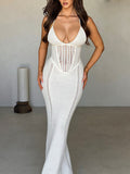 Hollow Out Backless Knit Dress for Spaghetti Strap Bandage Sleeveless Bodycon Club Party Long Dress