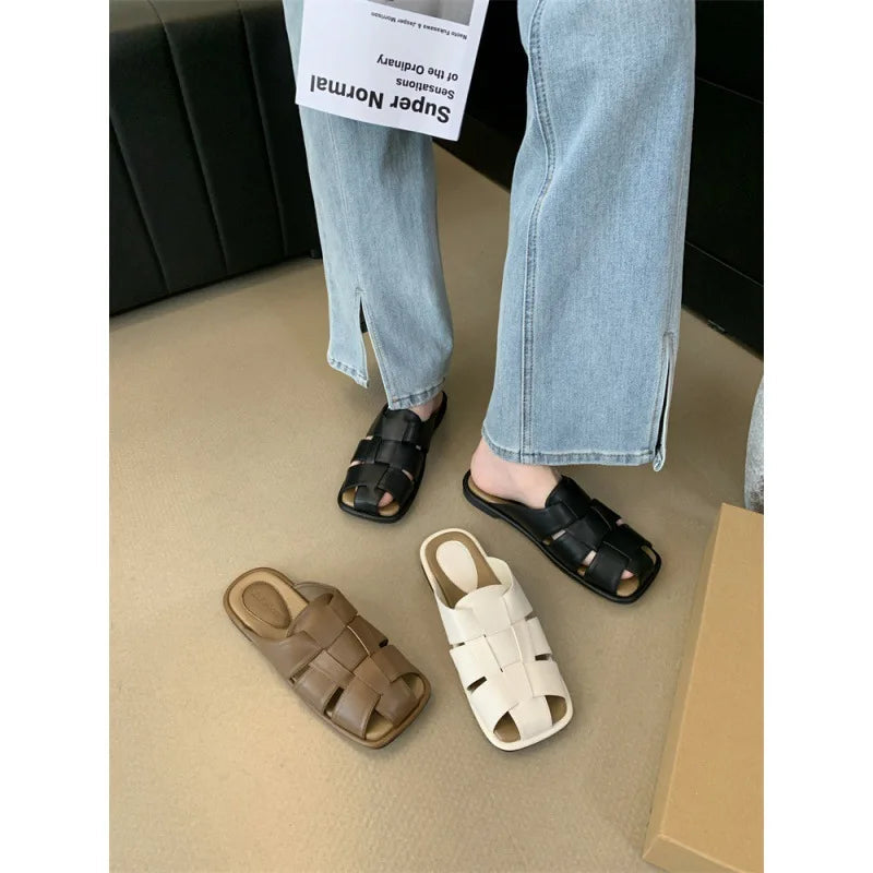 Slippers Summer Shoes Low Slides Cover Toe Pantofle Fretwork Heels Flat Rubber Pu Fabric Hoof Shoes Wo