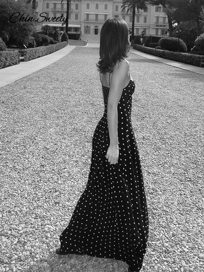 Dot Strapless Maxi Dress Pleat V-neck Sleeveless Backless High Waist A-line Dresses Summer Vacation Robes New