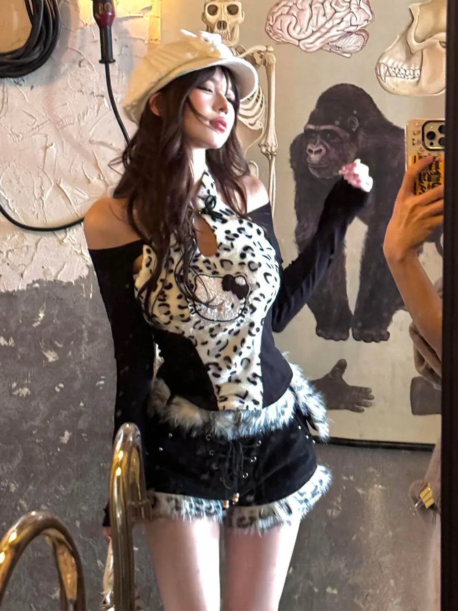 Autumn New Spicy Girl Leopard Pattern Splicing Slim Fit Top High Waist Furry Shorts Set Two Piece Sets Outfits