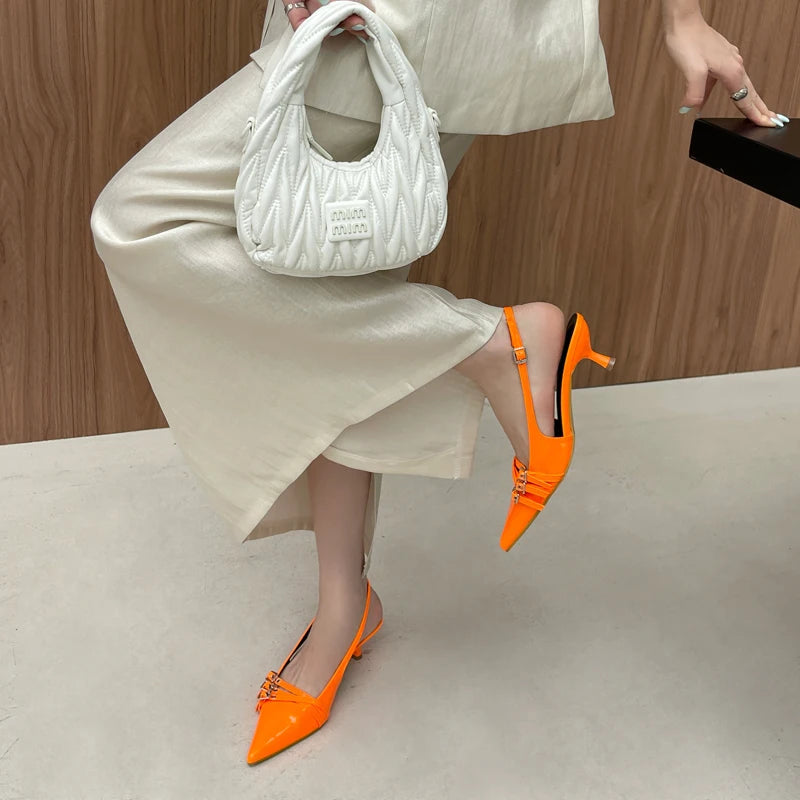 Orange Ladie Pumps Pink High Heels Pointed Toe Slingback Shoes Belt Buckle Low Heel Summer Office Shoes Blue