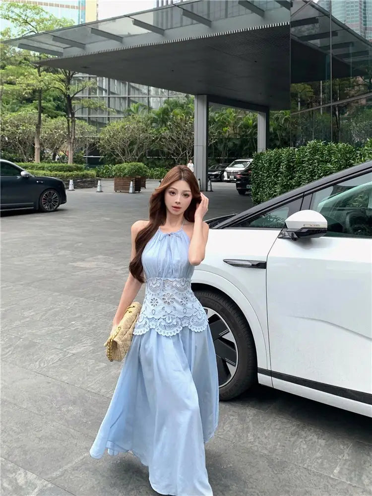 Lace Patchwork Hanging Neck Dress Summer Waist Cinched Sleeveless Spicy Girl Temperament Aline Long Dresses