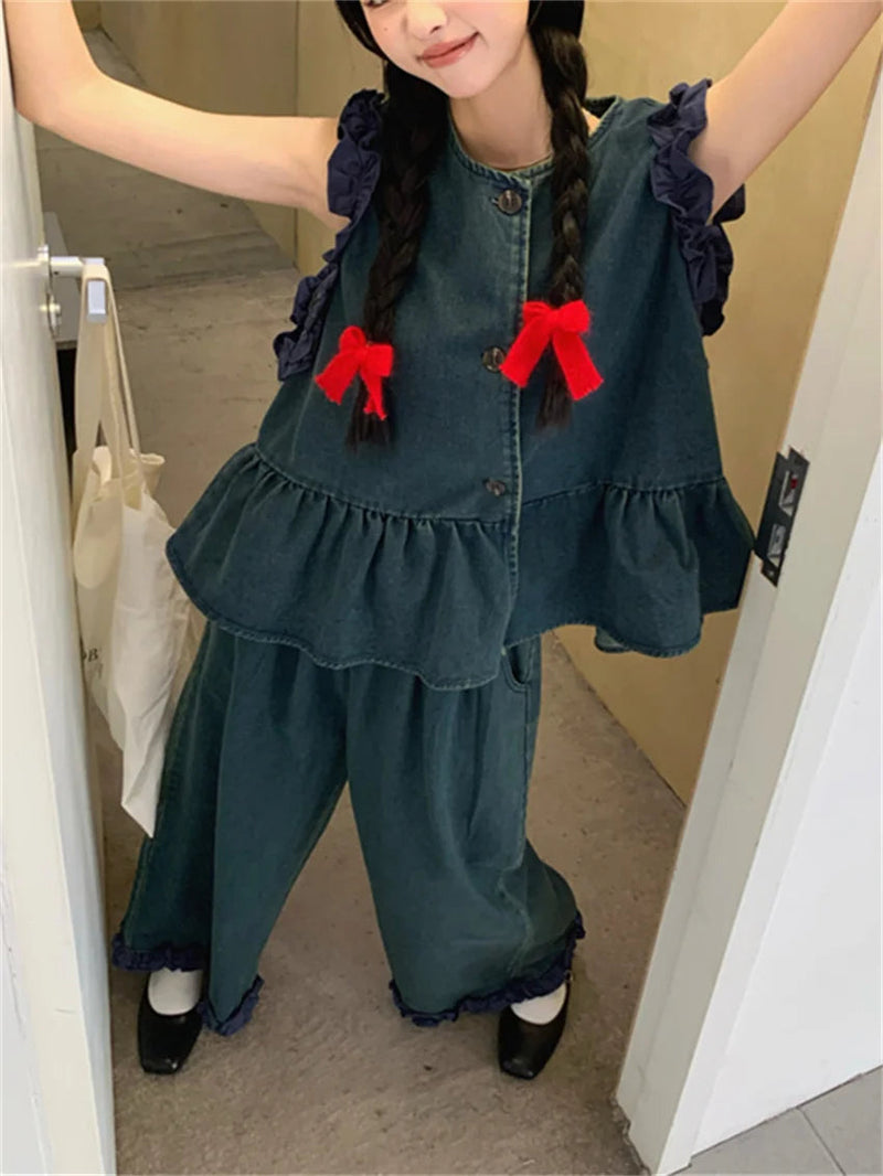 Sweet Denim Vest Coats Loose Wide Leg Jeans Sets Office Lady High Street Summer Suits