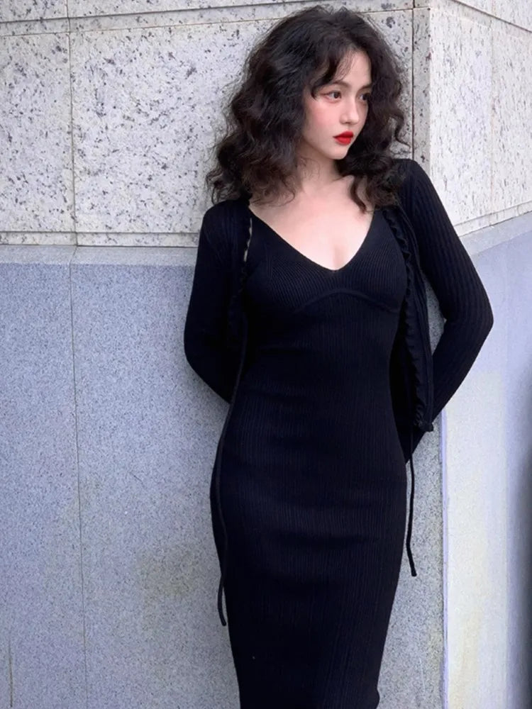 Knitted 2-piece Dress Set Crop Cardigan V-neck Spaghetti Strap Bodycon Midi Dress Autumn New Female Clothing