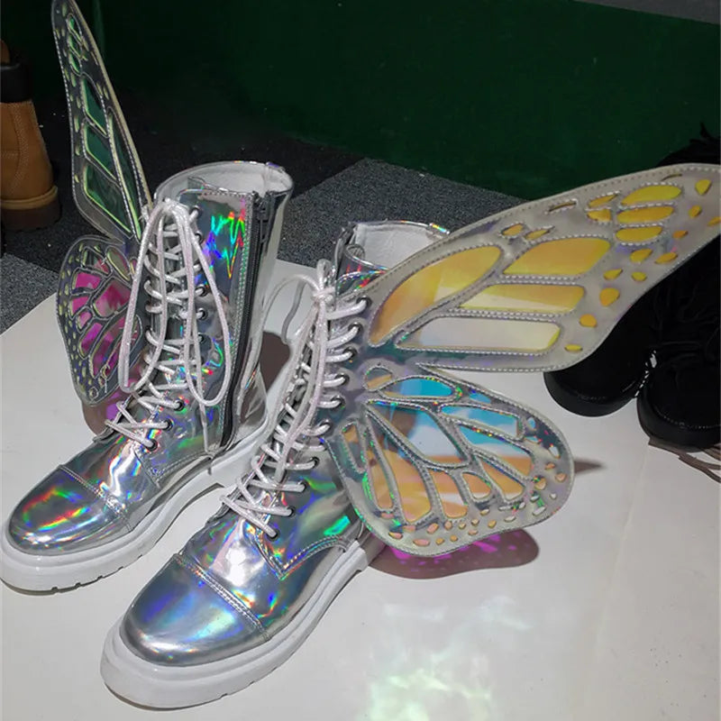 Shine Silver Real Leather Flat Sneakers Butterfly Wings Shoes Lace Up Ankle Boots Hightop Leisure Platform Shoes