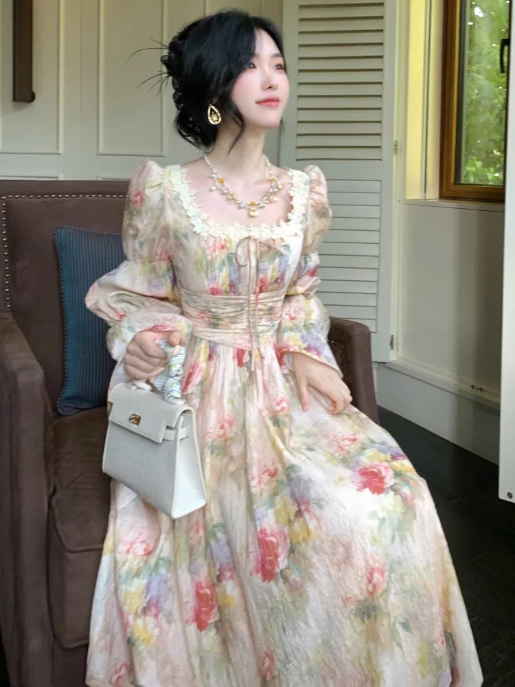 French Printed Midi Long Dress Autumn Square Collar Lantern Sleeve Laceup Midi Vestidos One Piece Clothing