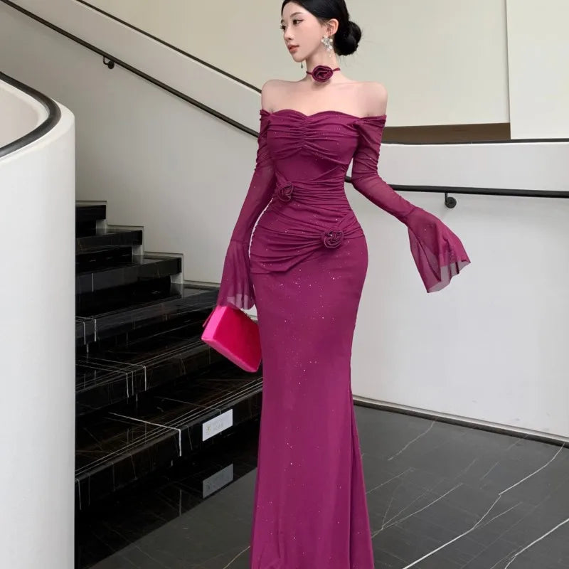 Mesh Bodycon Maxi Dresses for Flare Sleeve Square Collar Slim Mermaid Evening Party Dress Prom Robe Vestidos New