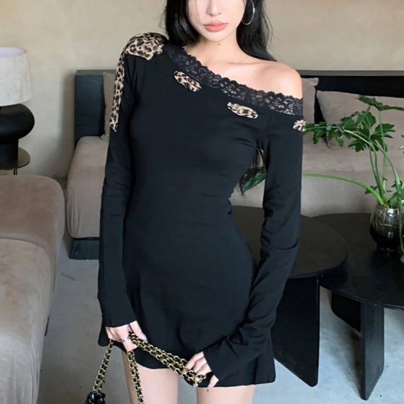 Dress Y2k Clothes Leopard Print Lace Trim Off Shoulder Long Sleeve a Line Mini Dress Party Dresses Clubwear