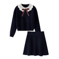 Sweet Hot Girl College Style Suit Autumn Bow Peter Pan Collar Sweater High Waisted Short Skirt Twopiece Set