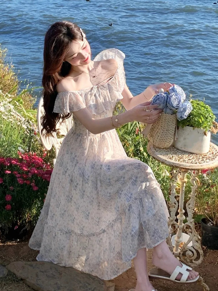 Princess Dresses Print Off Shoulder Slash Neck Fairy Birthday Party Midi Dress Beach Aline Vestidos New