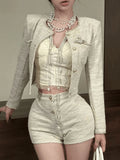 Autumn Korean Slim Outfits 2 Piece Set Y2k Office Lady Long Sleeve Short Coat + Bodycon Higt Waist Shorts New