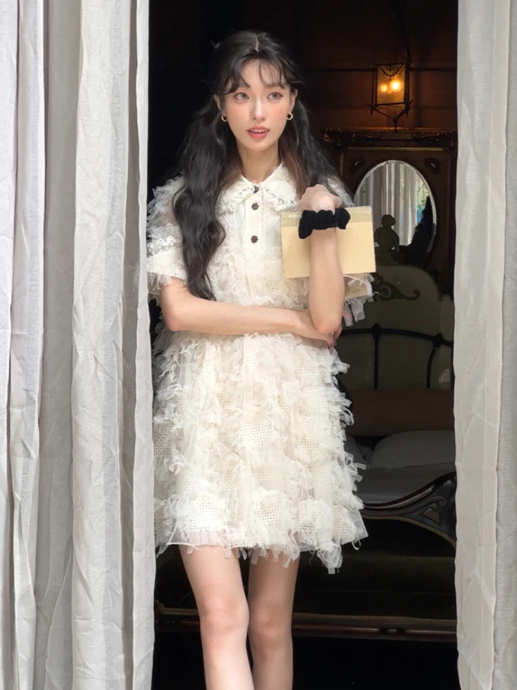 2000s Y2k Mini Dress Japanese Kawaii Clothing Evening Party Lace Dress Office Lady Short Sleeve Retro Summer