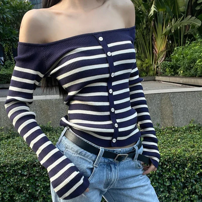 Korean Retro Contrast Color Striped Long Sleeve Sweater Autumn New Offshoulder Buttons Knitted Crop Tops