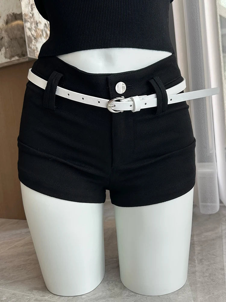 Harajuku Gyaru Preppy Outfits 2 Piece Set Long Sleeve Fake Two Pieces Shirts + Y2k 2000s Aesthetic Shorts Hot Pants Belt