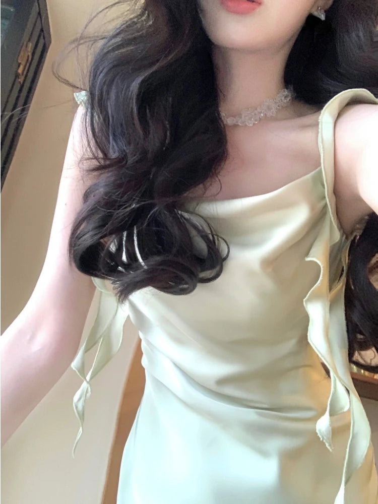 Summer Satin Strap Midi Dress Even Party Dress Pure Color One Piece Dress Korean