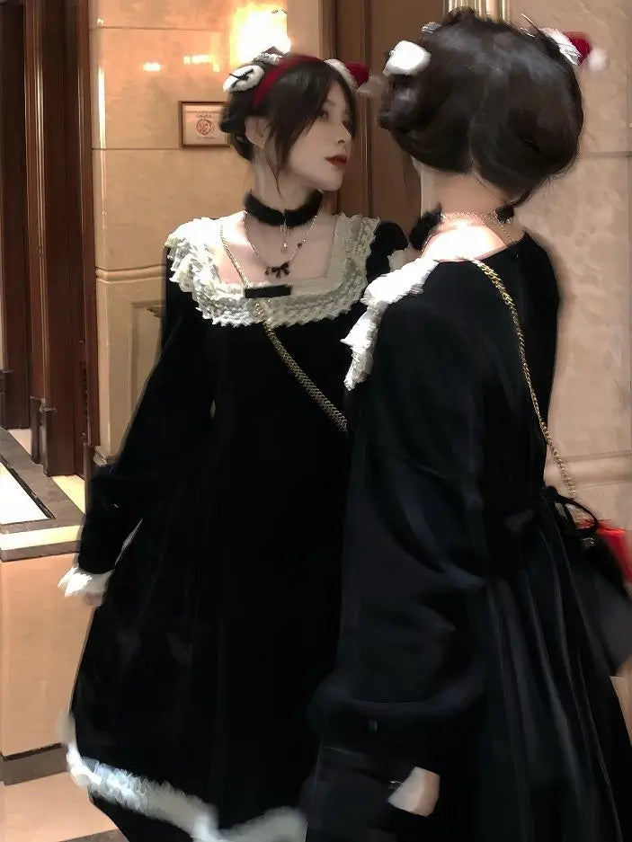 French Style Bow Lace Velvet Long Dress Autumn New Long Sleeve Temperament Princess Style Dresses