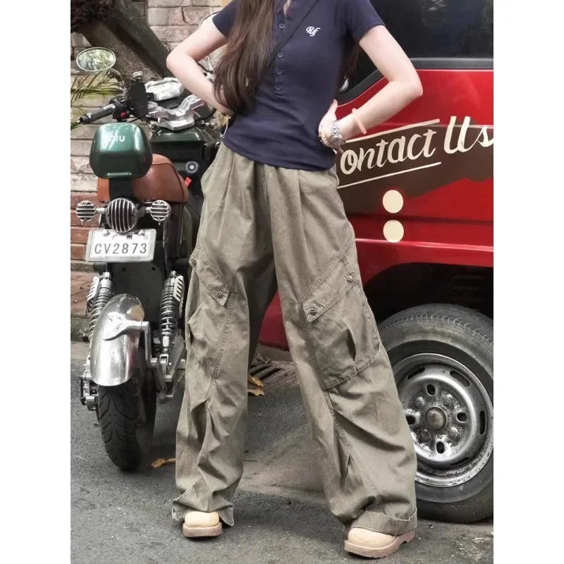 Pleated Pockets Straight Pants Spring New Korean High Waist All Match Loose Cargo Pants