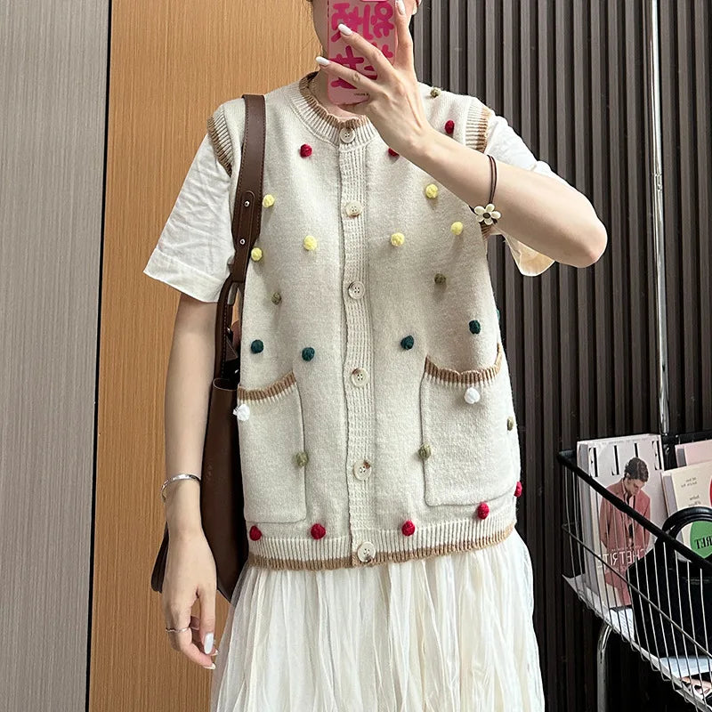 Autumn New Sweater Vest Chaleco Mujer Japanese Loose Cardigan Waistcoat Sweet Wave Point Knitwear Top