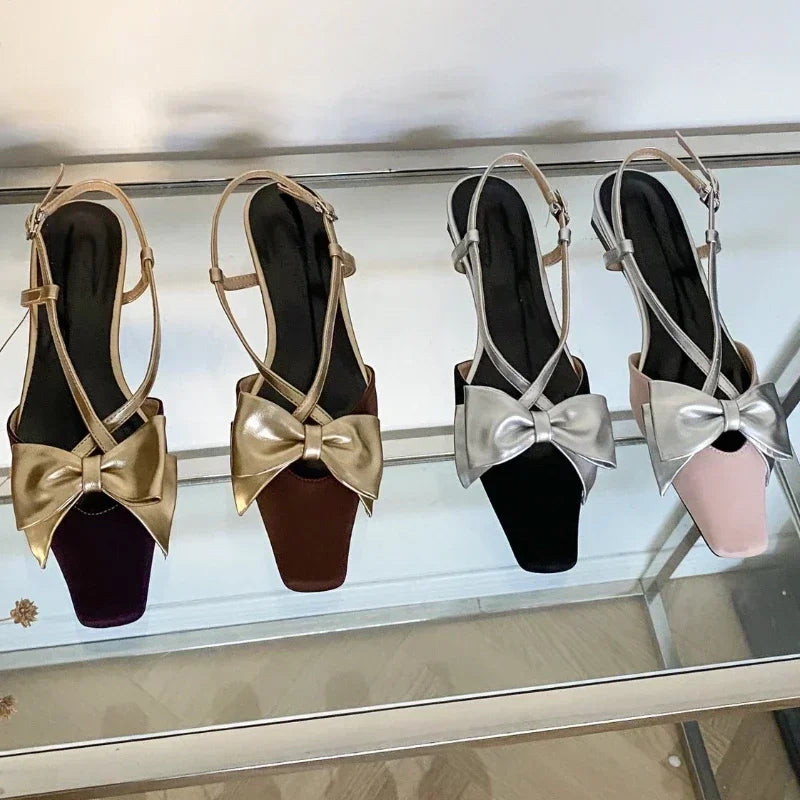 Sweet Butterflyknot Low Heel Mules Shallow Dress Shoes Female Comfy Crosstied Square Toe Slingback Sandals