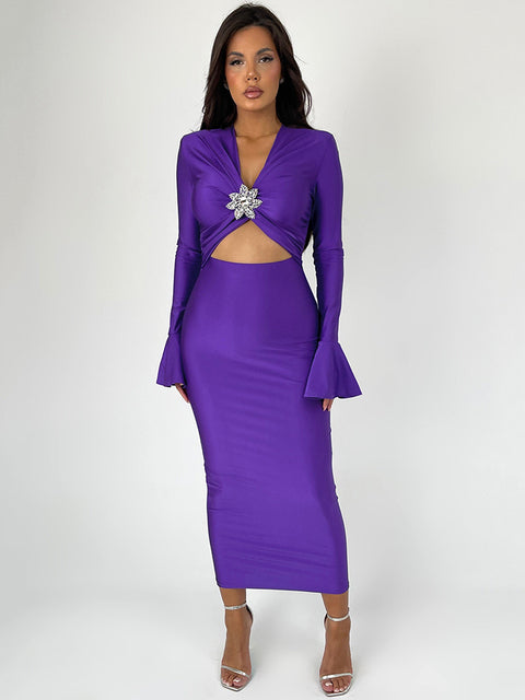 Hollow Out Maxi Dress for Spring New V Neck Long Flare Sleeve Bodycon Club Party Evening Dress