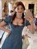 French Printing Mini Dress Japan Sweet Lace Summer One Piece Dress Fairy Evening Party Denim Dresses