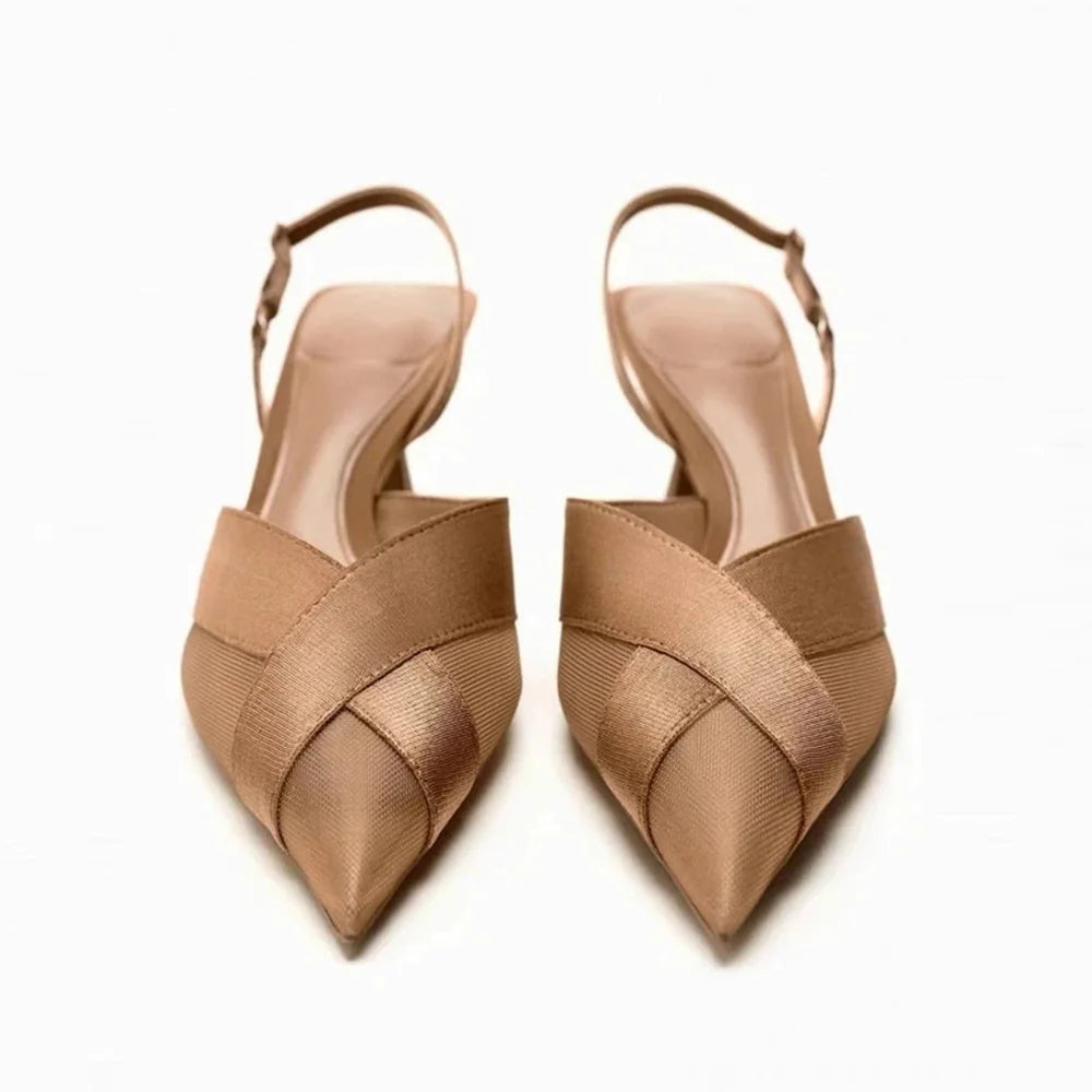 Cross Upper Pumps Slingbacks Point Head Spike Kitten Heels Sandals for Woman Khaki Heels Slipper Shoes Trend