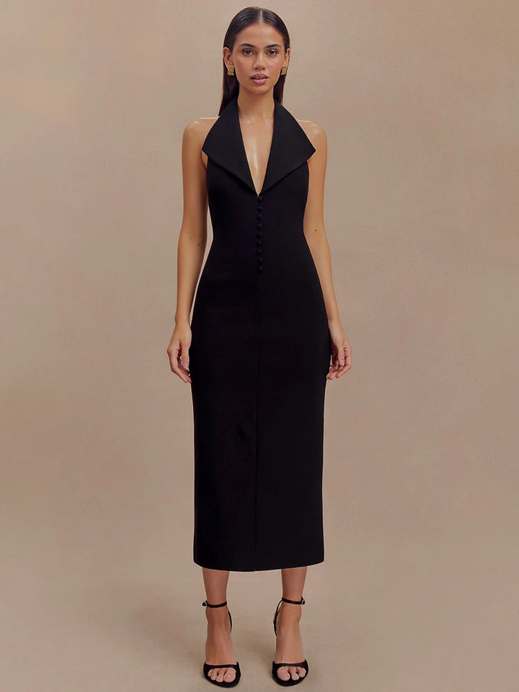 Halter Deep V Neck Sleeveless Maxi Dress for Backless Bodycon Tank Dress Femme Long Dress
