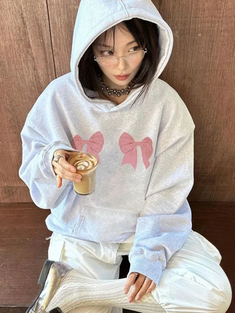 Kawaii Bow Print Hoodies Y2k Long Sleeve Sweatshirt Oversized Sweet Girl Causal Loose Autumn Winter Clothes Ins